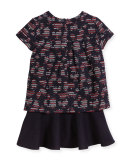 Short-Sleeve Metallic Tweed Dress, Navy/Multicolor, Size 4-14