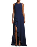 Janice Sleeveless Ruffle-Trim Stretch Crepe Gown, Blue