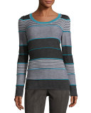 Striped Jewel-Neck Sweater, Peacock/Multi