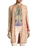 Brocade-Panel Tweed Coat, Peach