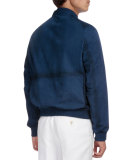Packable Hooded Leather Jacket, Metallic Blue