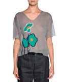 Floral-Embroidered V-Neck Tee, Mauve