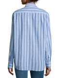 Eileen Long-Sleeve Striped Chambray Blouse, Blue