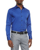 Solid Stretch-Poplin Sport Shirt, Cobalt
