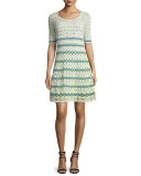 Half-Sleeve Round-Neck Knit Dress, White/Green