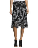 Printed Asymmetric Midi Skirt, Black
