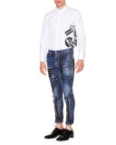 Zipper-Trim Slim-Fit Denim Jeans, Blue