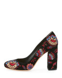 Sydnee Embroidered Chunky-Heel Pump, Black Floral