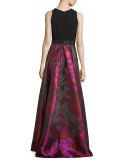 Sleeveless Crepe & Floral Taffeta Ball Gown, Fuchsia
