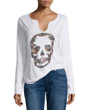 Long-Sleeve Floral Skull Tee, Blanc