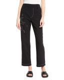 Trompe l'Oeil Floral-Embroidered Pants, Black
