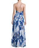 Embellished Pleat-Skirt Slip Maxi Dress, Ring of Roses
