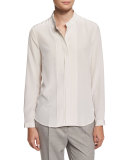 Long-Sleeve Silk Tuxedo Blouse, Cream