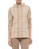 Plaid-Jacquard Funnel-Neck Sweatshirt, Camel/Cream