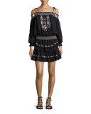 Cold-Shoulder Embroidered Ruffle Mini Dress, Black