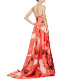 Strapless Oversized Floral-Print Gown, Red/Multi