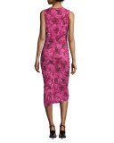 Sleeveless Ruched Rose-Print Dress