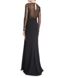 Embellished Lace-Sleeve Gown, Black
