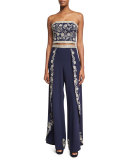 Larissa Embroidered Crepe Overlap Pants, Blue