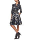 3/4-Sleeve Split-Neck Metallic Coat Dress, Blue Jay