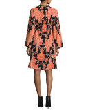 Bird-Print Henley Dress, Black/Red