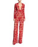 Long-Sleeve Plunging Lace Jumpsuit, Red