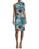 Sleeveless Floral Tie-Neck Shift Dress, Blue/Multicolor