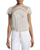 Bird-Embroidered Short-Sleeve Blouse, Ivory