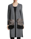 Demi Long Open Sweater w/ Fox Fur Pockets, Gray