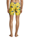 Moorea Moon Fish-Print Swim Trunks, Bouton D'or