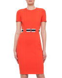 Short-Sleeve Belted Sheath Dress, Rust