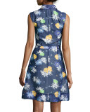 Floral-Sweet Sleeveless Shirtdress, Navy Multi