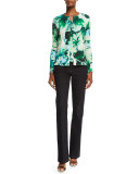 Long-Sleeve Leaf-Print Cardigan, Multi/Green
