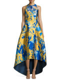 Sleeveless Floral Jacquard High-Low Gown 