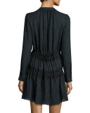Moire Long-Sleeve Drawstring Dress, Teal
