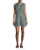 Sleeveless Pleated Linen-Blend Romper, Army