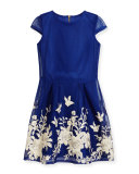 Cap-Sleeve Pleated Floral Mesh Dress, Blue, Size 8-16