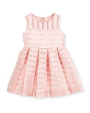 Sleeveless Pleated Sheer Stripe Dress, Pink, Size 4-7