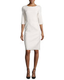 3/4-Sleeve Round-Neck Sheath Dress, White