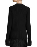 Ribbed Extended-Sleeve Cardigan, Black