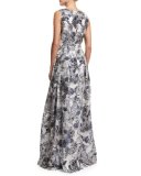 Metallic Etched Floral V-Neck Gown, Blue/Silver