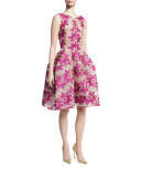 Floral-Embroidered Sleeveless Fit-and-Flare Dress, Magenta