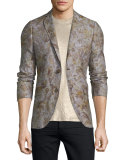 Leaf-Print Two-Button Linen Blazer, Natural