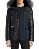 Leather-Sleeve Down Jacket w/Fox Fur Trim