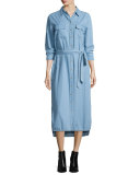 Delany Button-Front Belted Shirtdress, Sky Blue