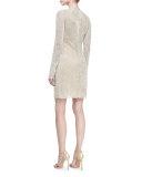 Beaded Jewel-Neck Long-Sleeve Cocktail Dress, Ivory