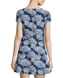 Short-Sleeve Floral-Print Party Dress, Navy/Optic