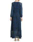 Python-Print Long-Sleeve Maxi Dress, Blue Allium 