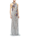 Sleeveless Embroidered Column Gown, Gunmetal