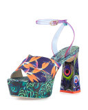 Effie Tropical-Print Platform Sandal, Navy/Green